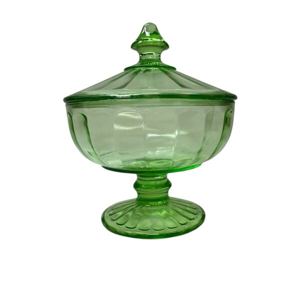 Hazel Atlas Vtg Pedestal Ribbon Compote Candy Dish & Lid Green uranium Glass - Picture 6 of 11